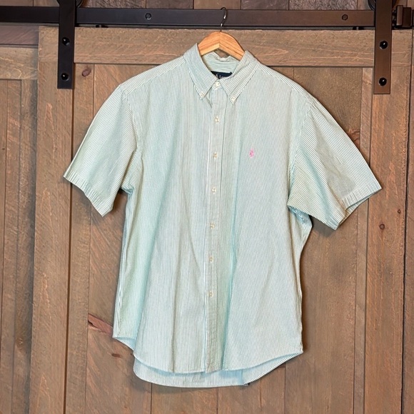 Ralph Lauren Classic Fit green and white stripe seersucker short sleeves XL - Picture 2 of 9